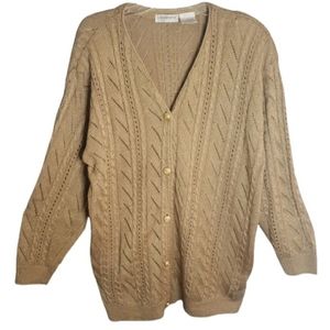 LIZ CLAIBORNE COLLECTION Womens Tan w/Woven Gold Metallic Ribbed Cardigan size L